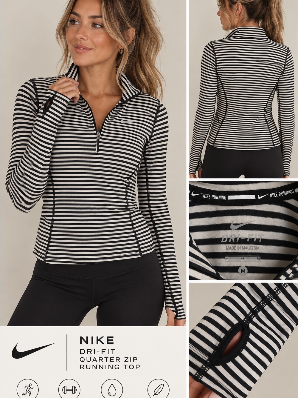 Nike Running Dri-FIT Quarter Zip Women’s M Black White Striped Thumbholes